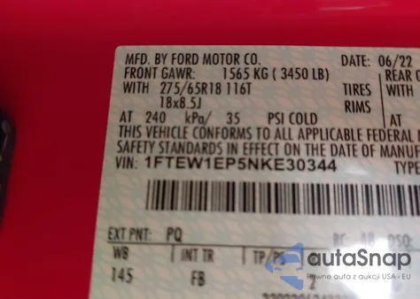 2022 Ford F-150 Xlt из США, поврежденный, VIN 1FTEW1EP5NKE30344